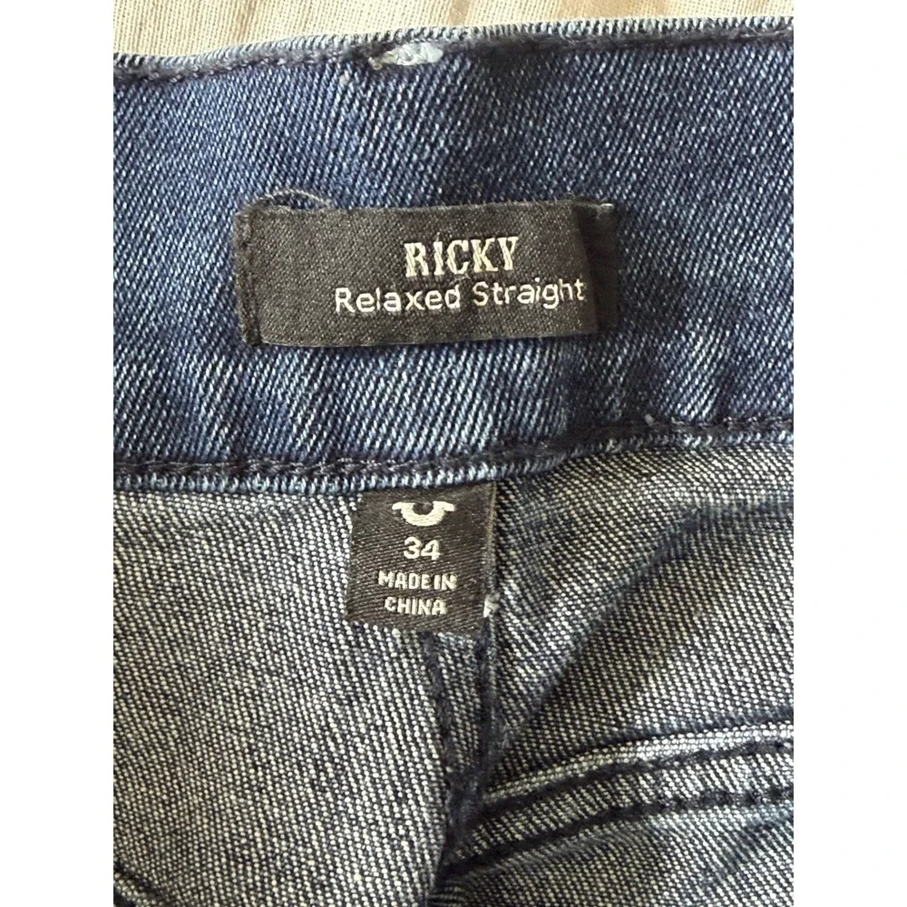 True Religion Mens Ricky Relaxed Straight Denim Shorts Dark Lagoon Wash Size 34